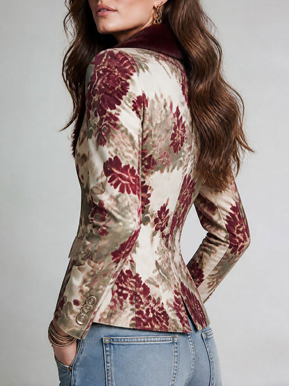 Blazer retrò floreale bordeaux con colletto in pelliccia ecologica – dettaglio 4