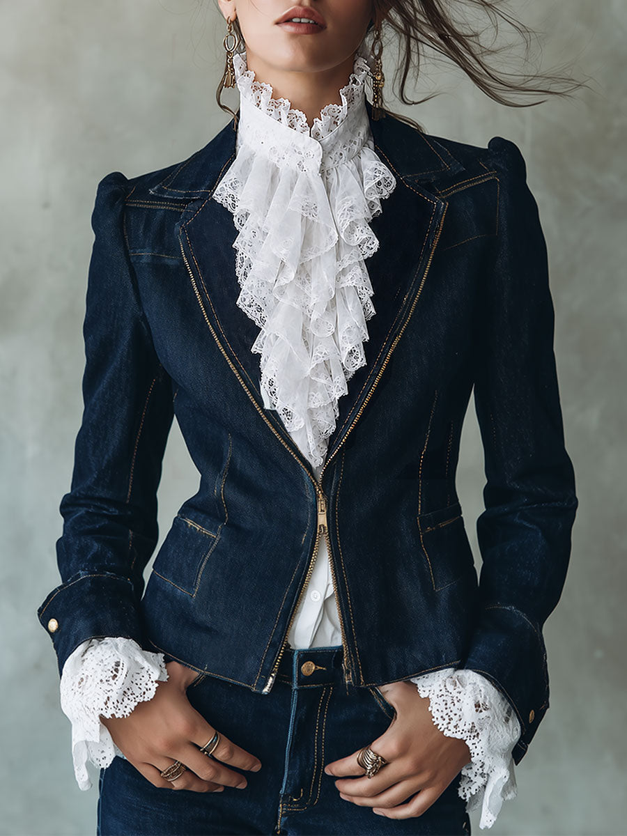 Giacca di jeans blu con maniche a sbuffo – vista frontale