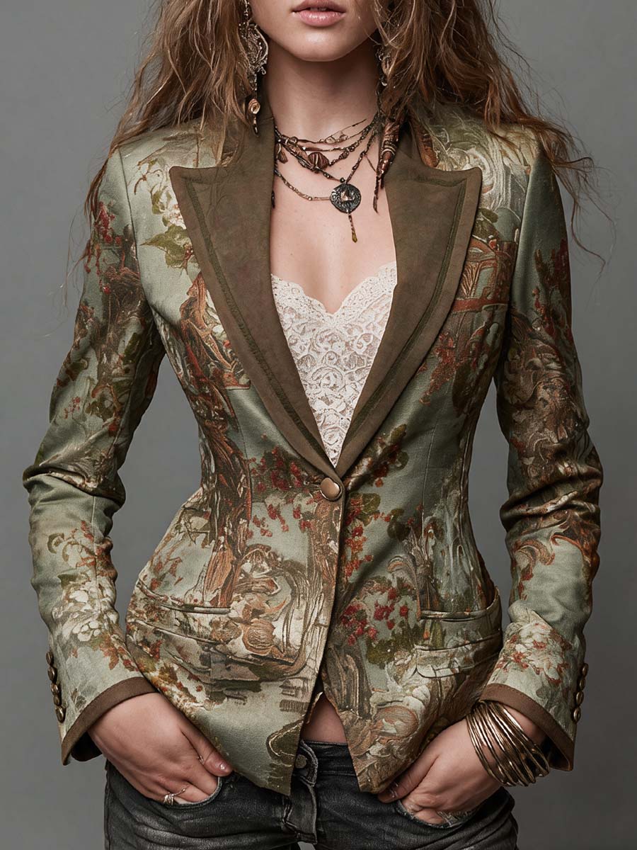 Blazer vintage floreale verde oliva con revers scamosciato – vista frontale