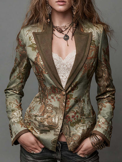 Blazer vintage floreale verde oliva con revers scamosciato – vista frontale