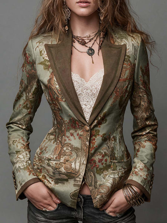 Blazer vintage floreale verde oliva con revers scamosciato – vista frontale