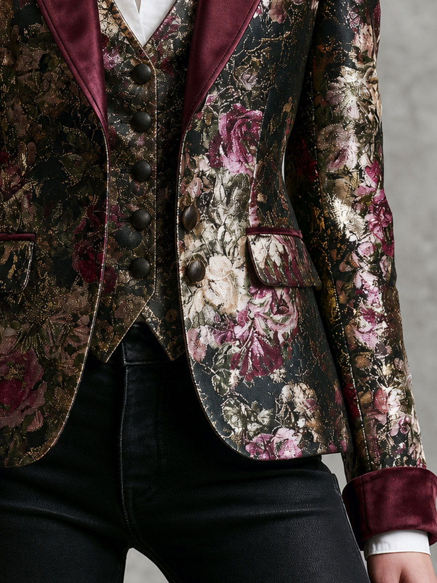 Blazer floreale barocco con bordi in velluto bordeaux – dettaglio 1