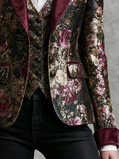 Blazer floreale barocco con bordi in velluto bordeaux – dettaglio 1