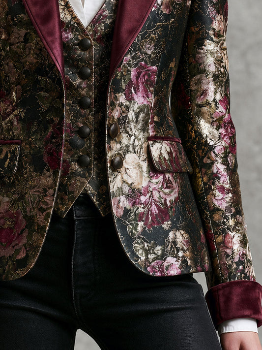 Blazer floreale barocco con bordi in velluto bordeaux – dettaglio 1