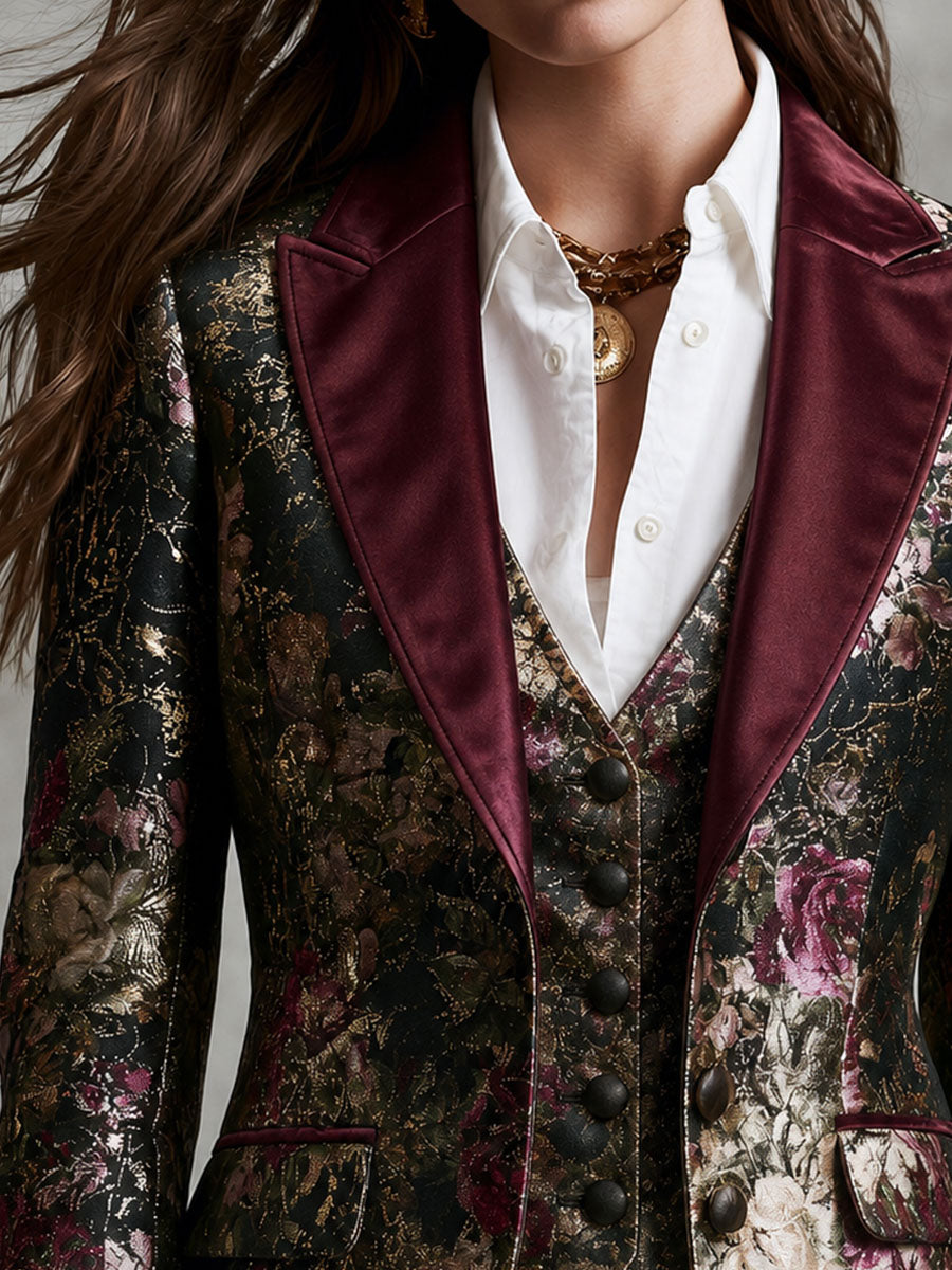 Blazer floreale barocco con bordi in velluto bordeaux – dettaglio 2