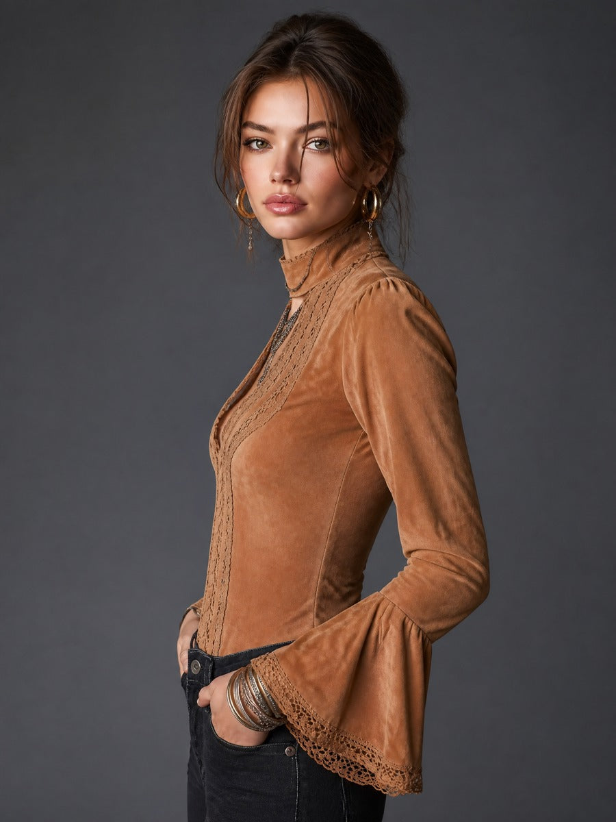 Blusa vintage marrone in ecoscamosciato con maniche a campana – dettaglio 2