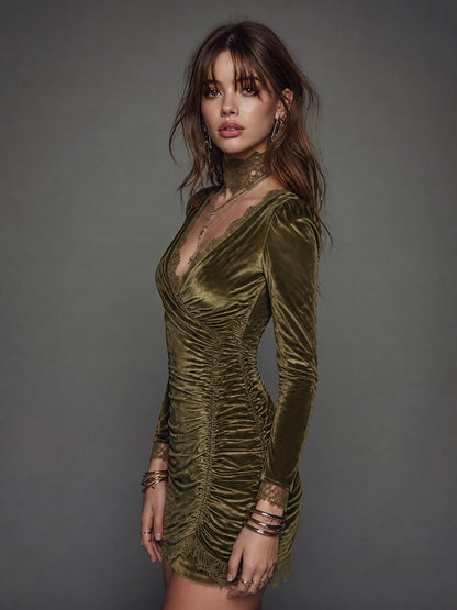 Abito mini bodycon in velluto verde oliva con pizzo – dettaglio 3