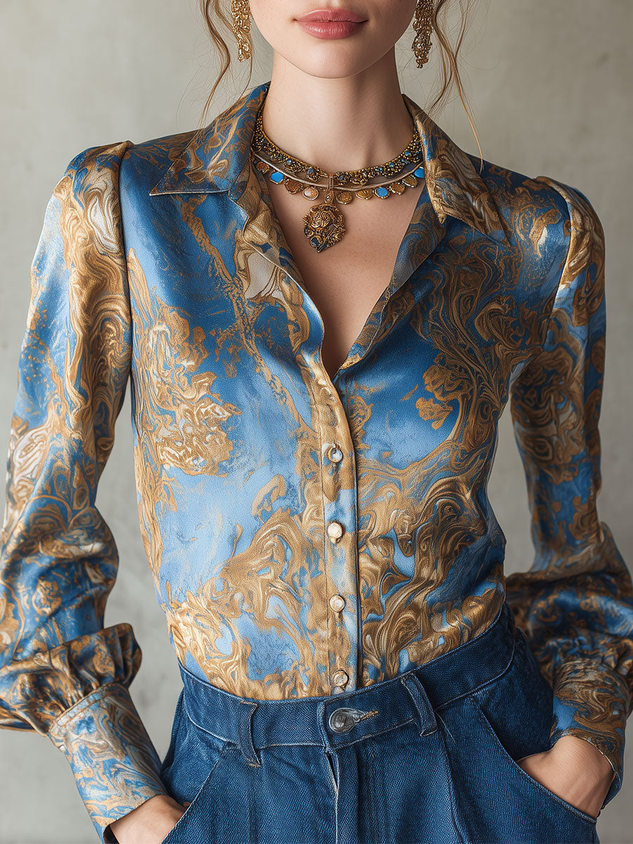 Camicetta in raso stampato blu – vista frontale