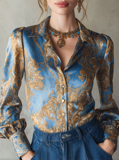 Camicetta in raso stampato blu – vista frontale