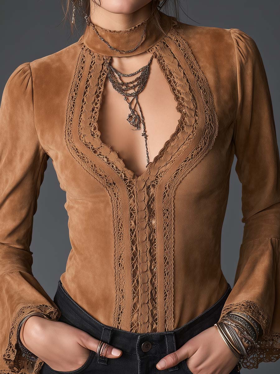 Blusa vintage marrone in ecoscamosciato con maniche a campana – dettaglio 3
