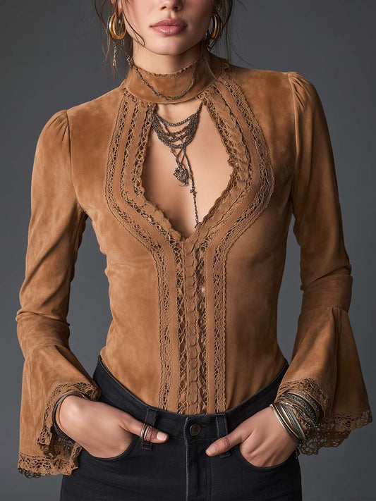 Blusa vintage marrone in ecoscamosciato con maniche a campana – vista frontale