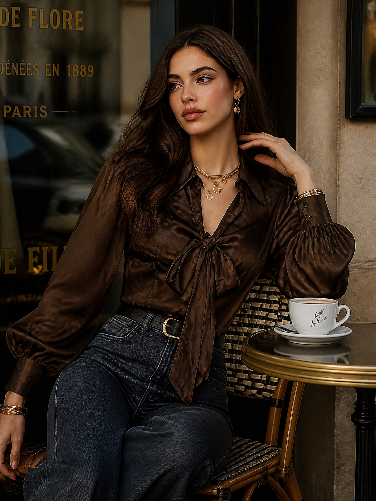 Blusa vintage marrone in raso con collo a fiocco – dettaglio 1