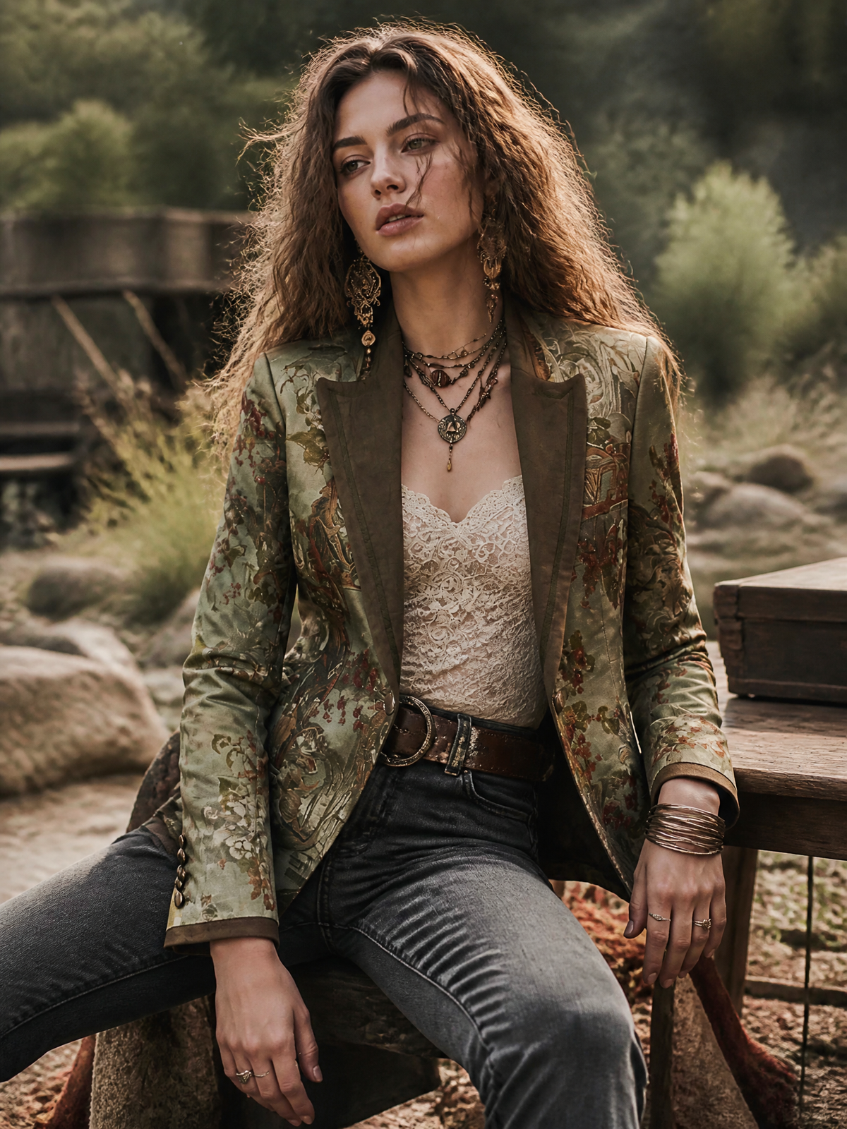 Blazer vintage floreale verde oliva con revers scamosciato – dettaglio 1