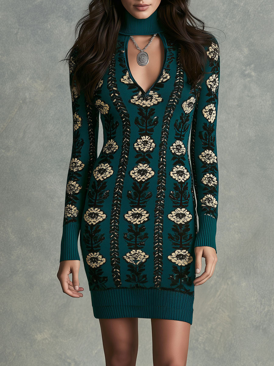 Abito in maglia jacquard floreale verde petrolio con collo alto – vista frontale