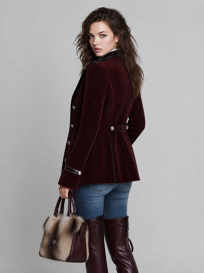 Blazer doppiopetto bordeaux in pelliccia ecologica – dettaglio 1