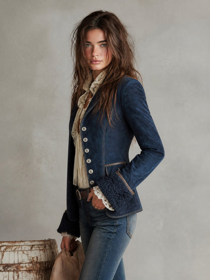 Giacca scamosciata blu navy con polsini in pelo ecologico – dettaglio 2