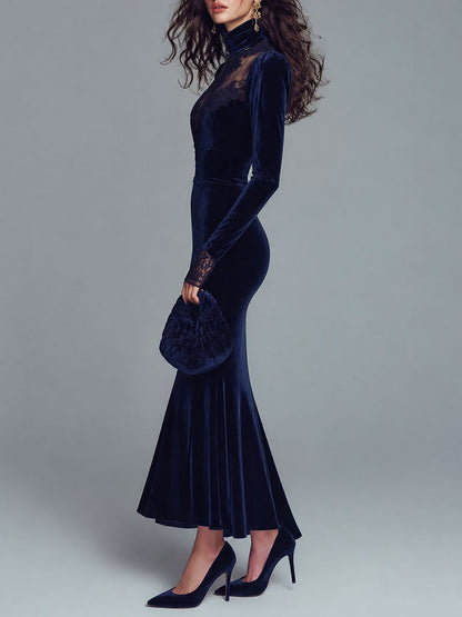 Abito maxi blu navy in velluto a sirena con pizzo – dettaglio 1