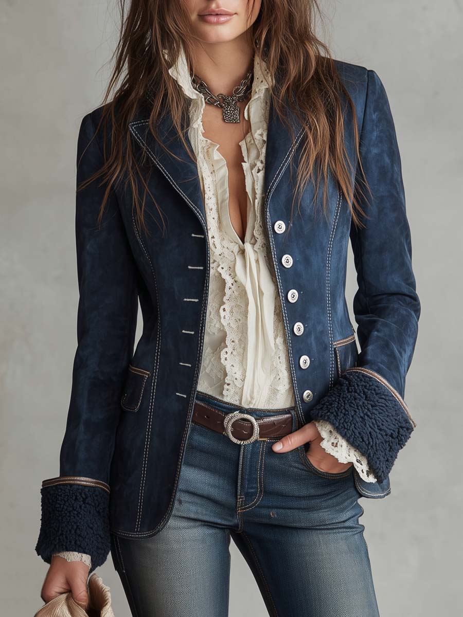 Giacca scamosciata blu navy con polsini in pelo ecologico – vista frontale