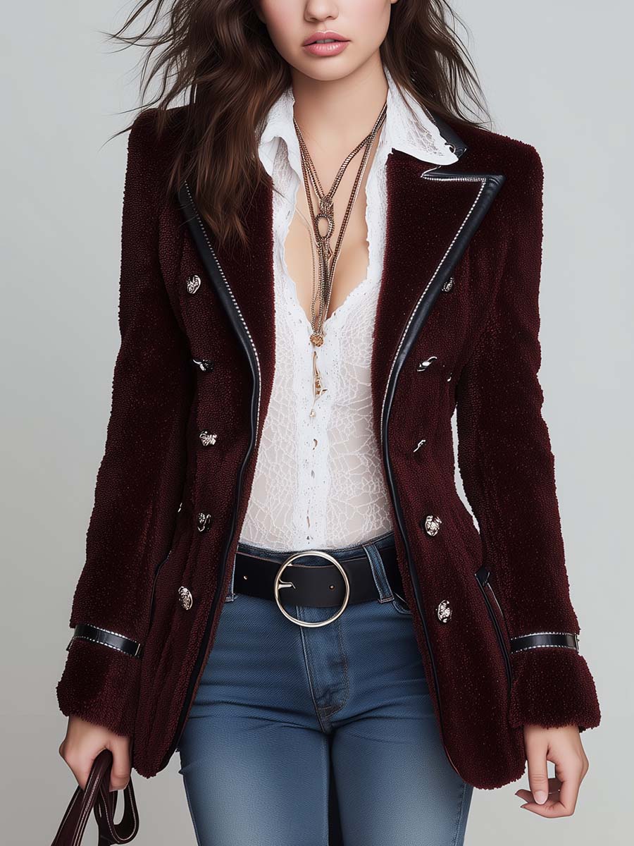 Blazer doppiopetto bordeaux in pelliccia ecologica – vista frontale