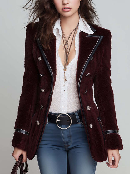Blazer doppiopetto bordeaux in pelliccia ecologica – vista frontale