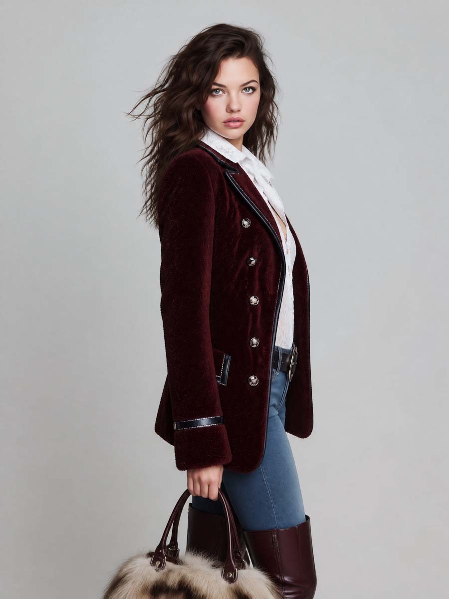 Blazer doppiopetto bordeaux in pelliccia ecologica – dettaglio 2