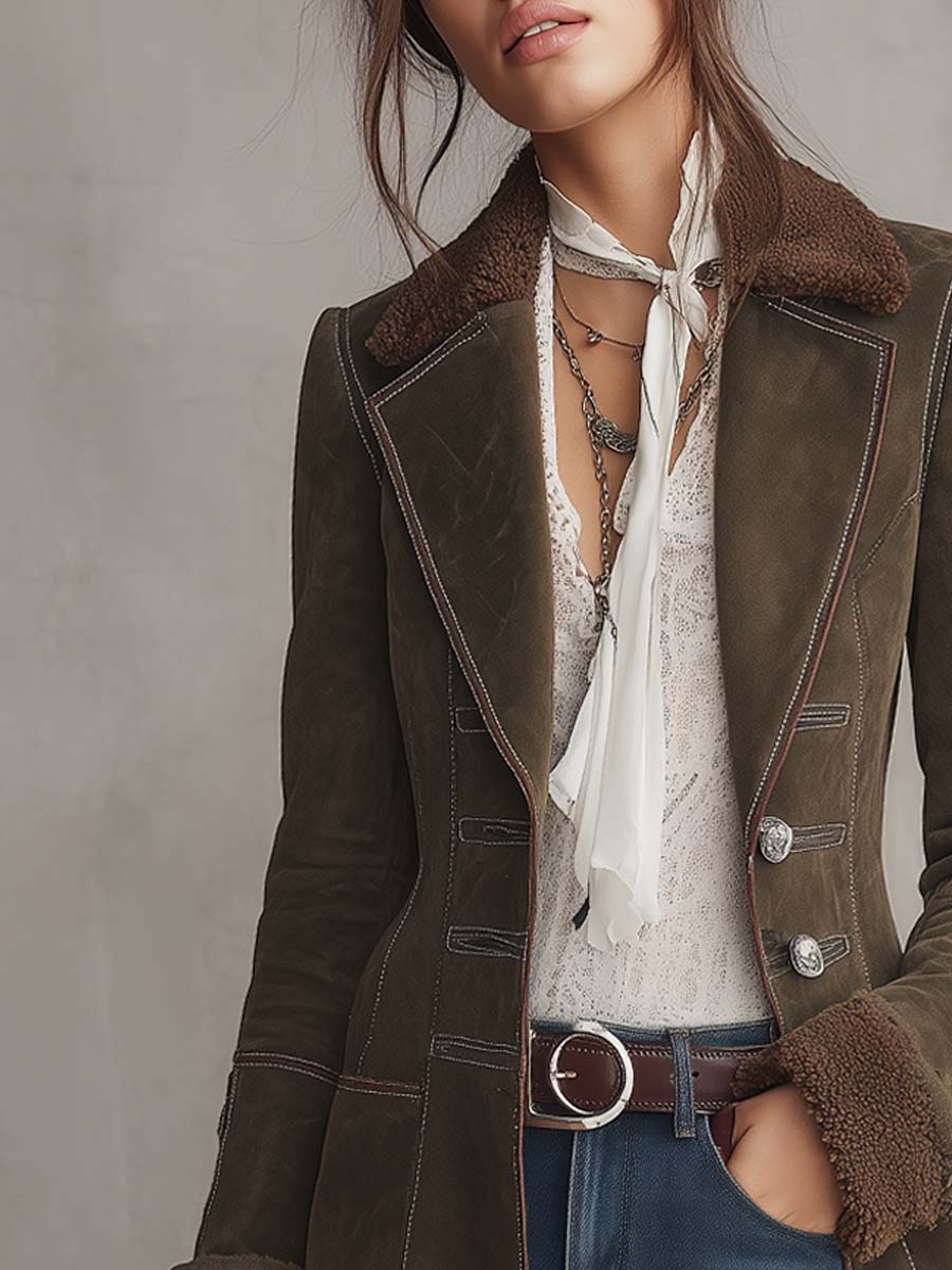 Blazer lungo scamosciato verde oliva con colletto in pelliccia ecologica – dettaglio 1