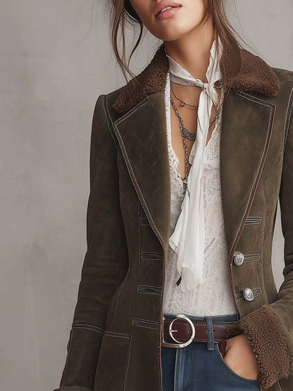 Blazer lungo scamosciato verde oliva con colletto in pelliccia ecologica – dettaglio 1