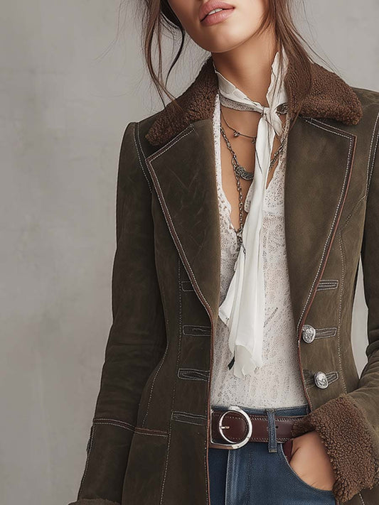 Blazer lungo scamosciato verde oliva con colletto in pelliccia ecologica – dettaglio 1