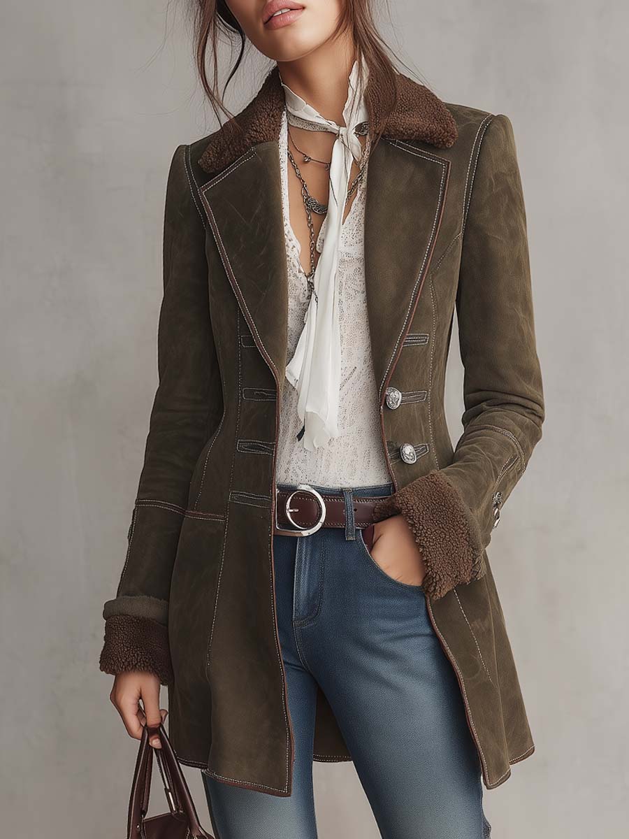 Blazer lungo scamosciato verde oliva con colletto in pelliccia ecologica – vista frontale