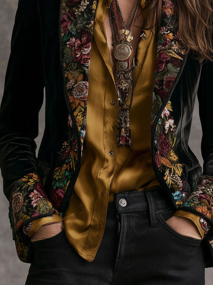 Giacca sartoriale in velluto nero con stampa floreale boho vintage – dettaglio 2