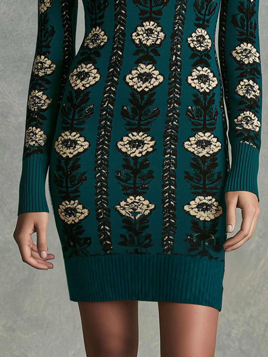 Abito in maglia jacquard floreale verde petrolio con collo alto – dettaglio 1