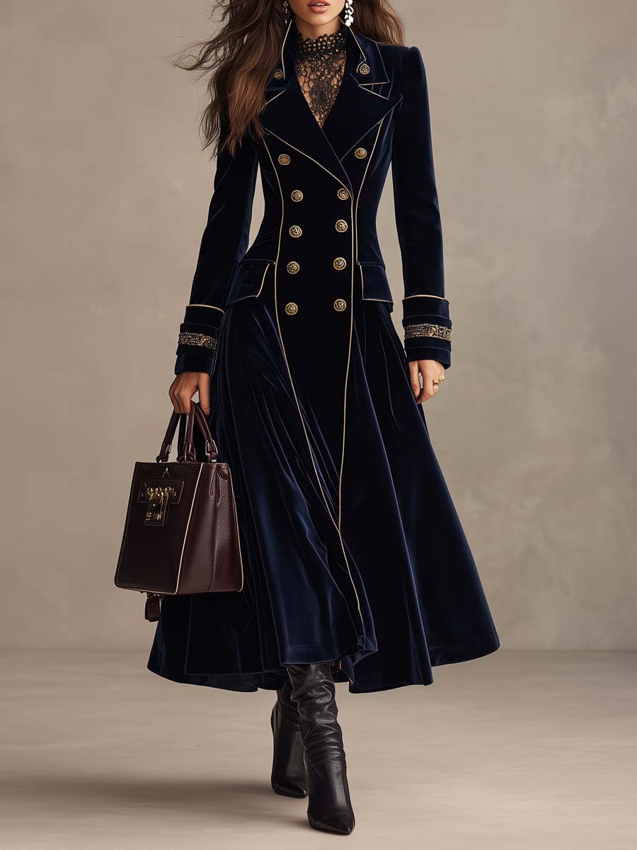 Cappotto lungo in velluto blu navy doppiopetto con profili oro – vista frontale