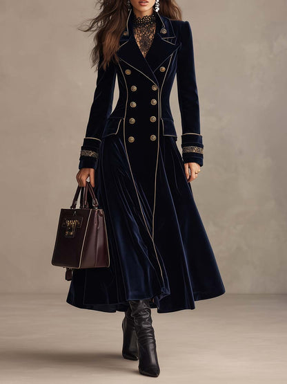 Cappotto lungo in velluto blu navy doppiopetto con profili oro – vista frontale