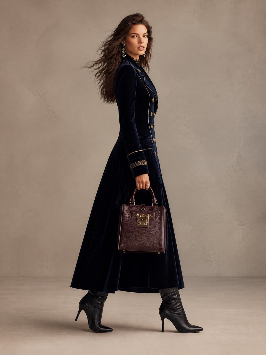 Cappotto lungo in velluto blu navy doppiopetto con profili oro – dettaglio 3