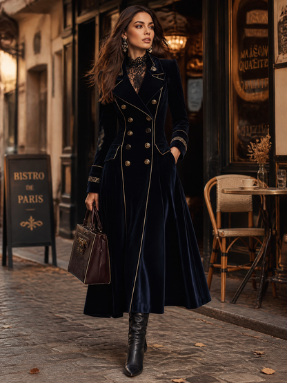 Cappotto lungo in velluto blu navy doppiopetto con profili oro – dettaglio 1