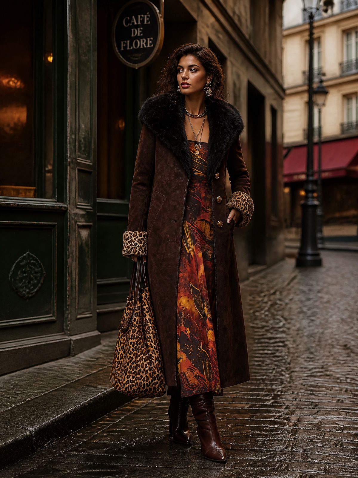 Cappotto lungo marrone effetto camoscio con collo in pelliccia e polsini leopardati – dettaglio 1