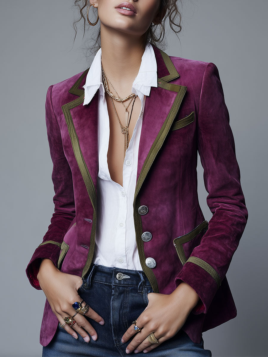 Blazer vintage aderente color prugna effetto camoscio con profili a contrasto – vista frontale