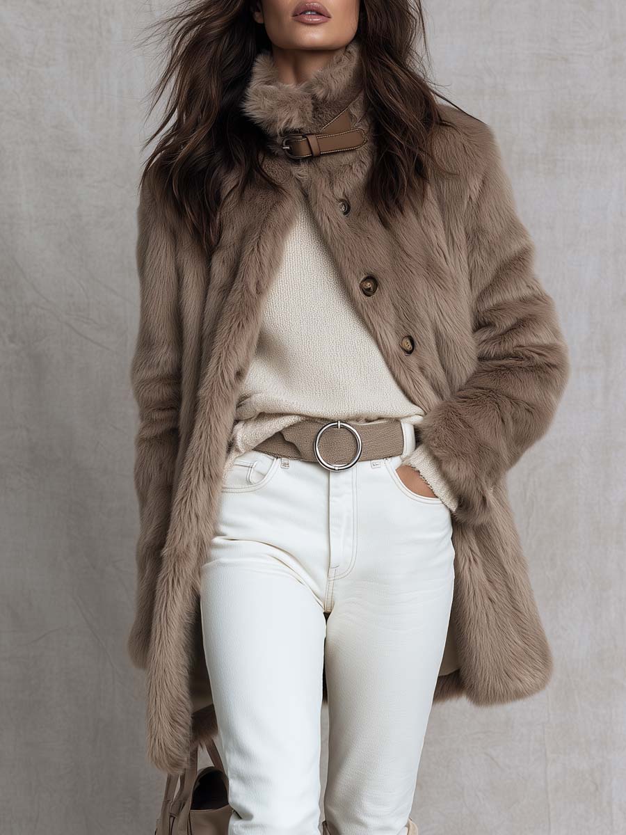 Cappotto lungo kaki con collo in pelliccia ecologica e cintura – vista frontale