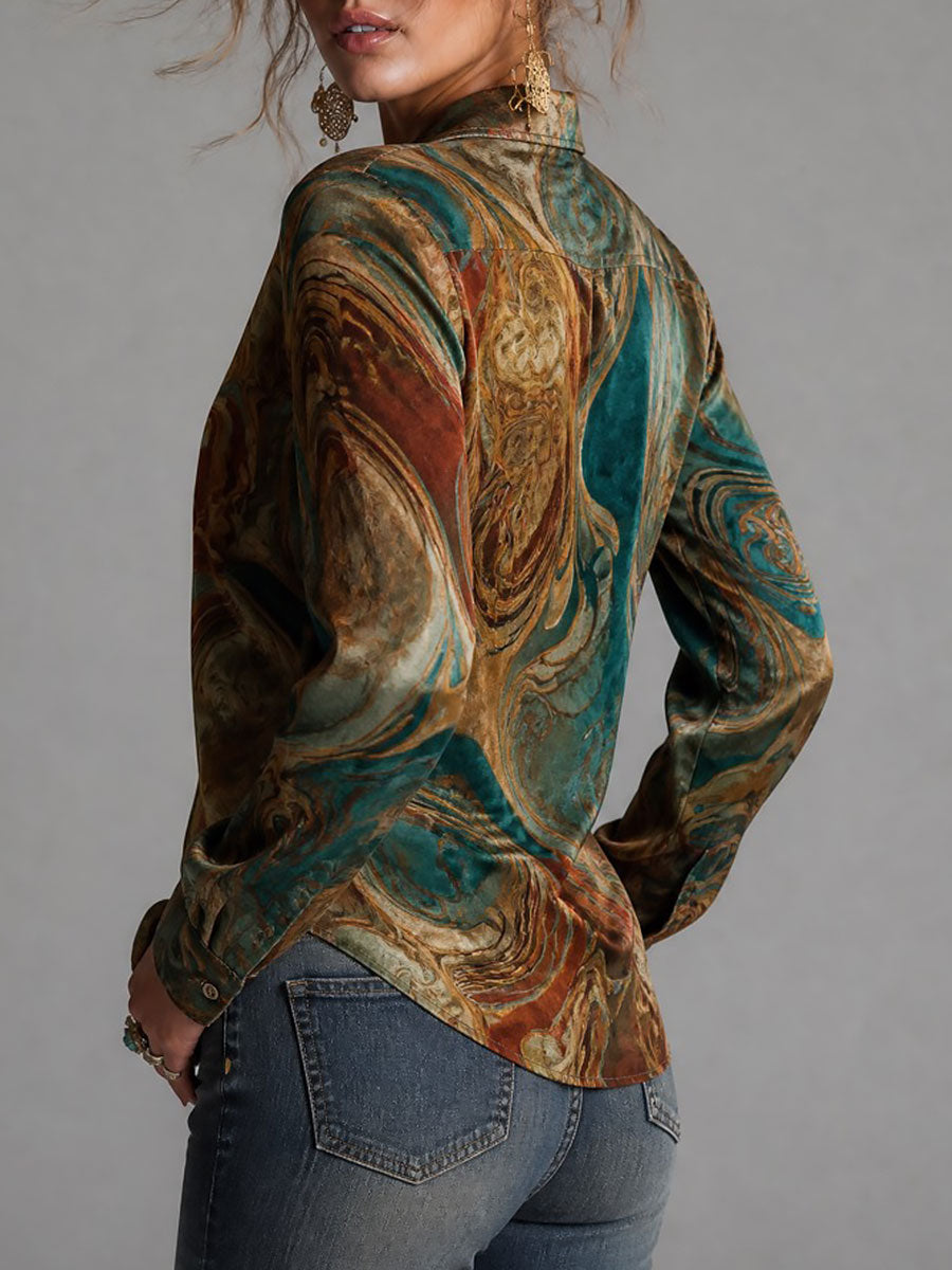 Camicetta in velluto verde petrolio a stampa marmorizzata vintage – dettaglio 5