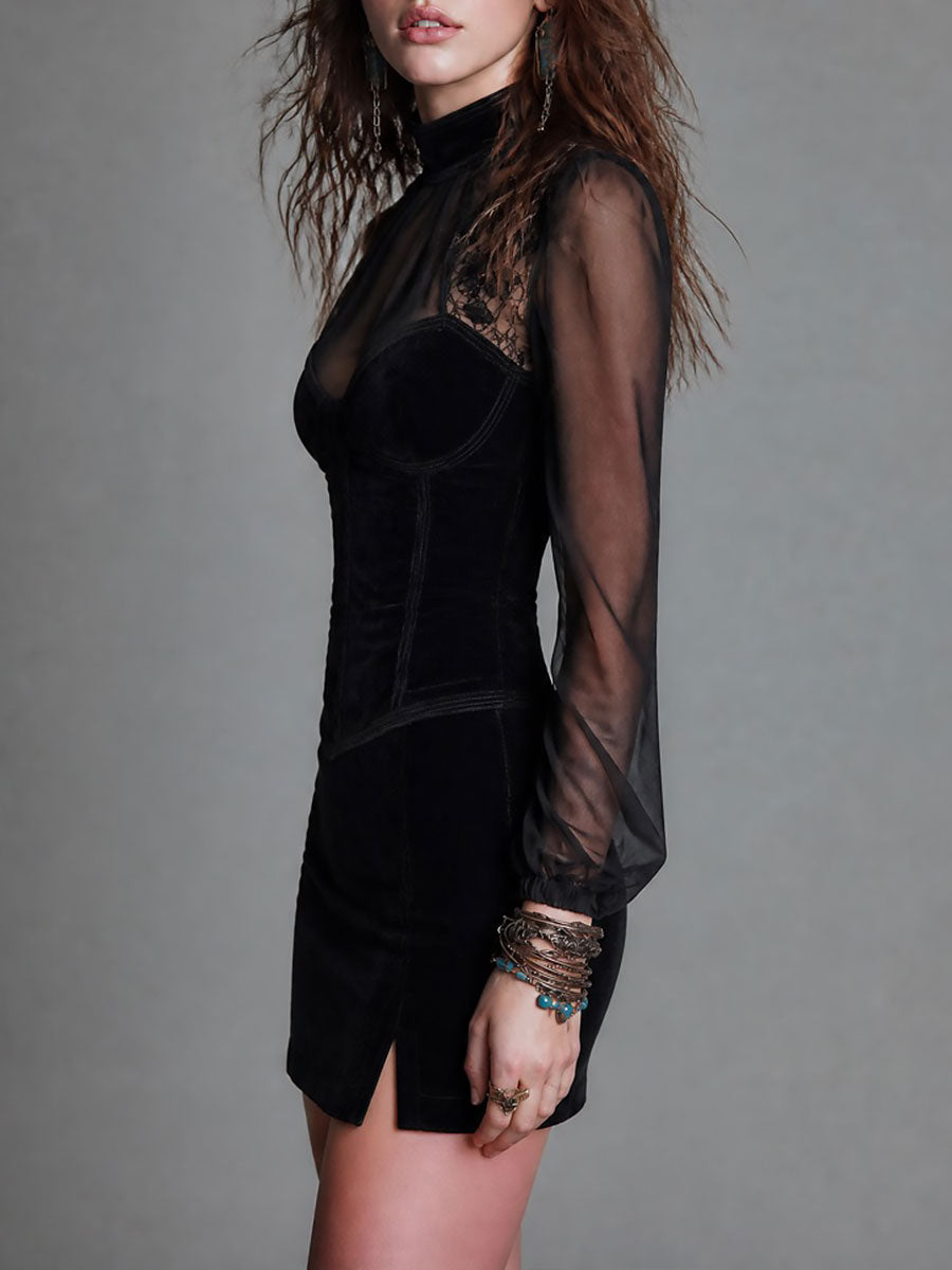 Abito mini nero effetto camoscio con bustier in pizzo e spacco laterale – dettaglio 1