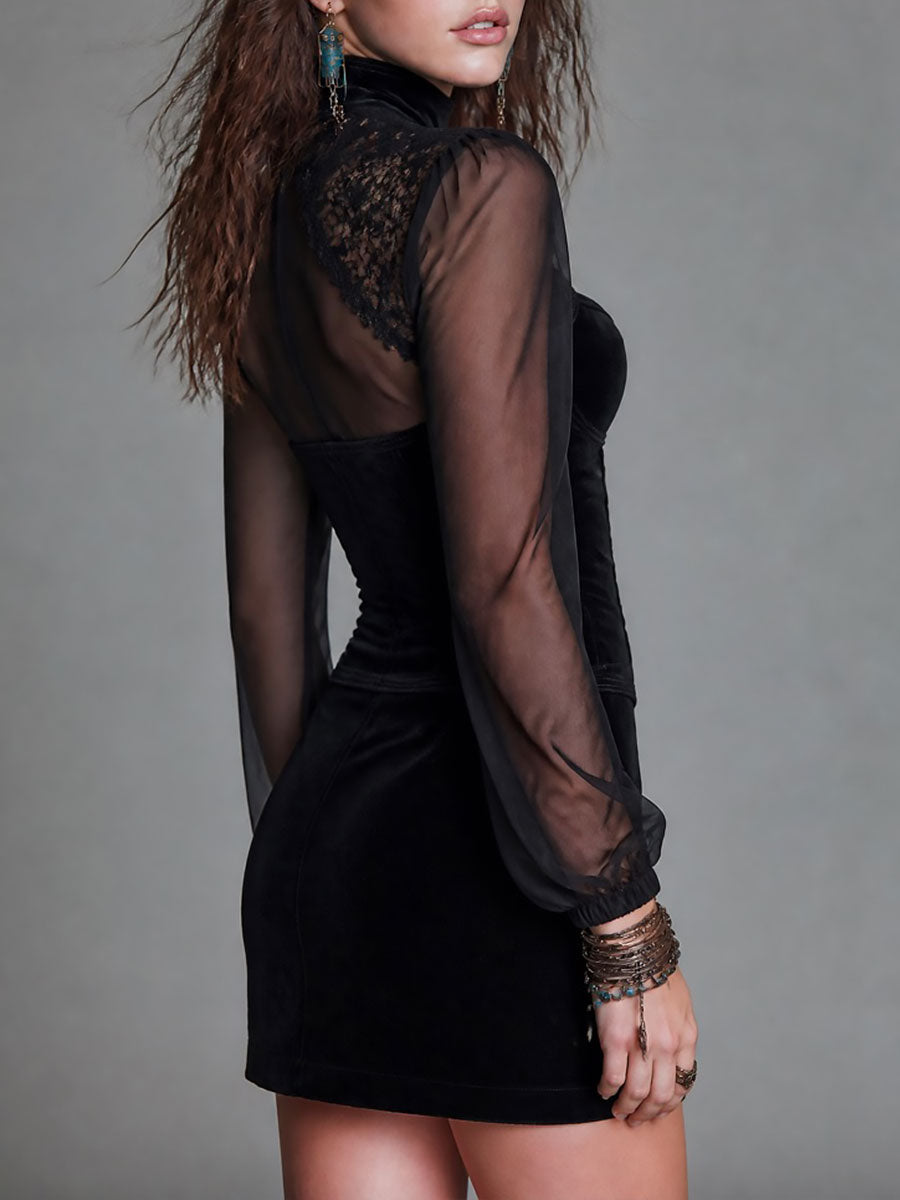 Abito mini nero effetto camoscio con bustier in pizzo e spacco laterale – dettaglio 2
