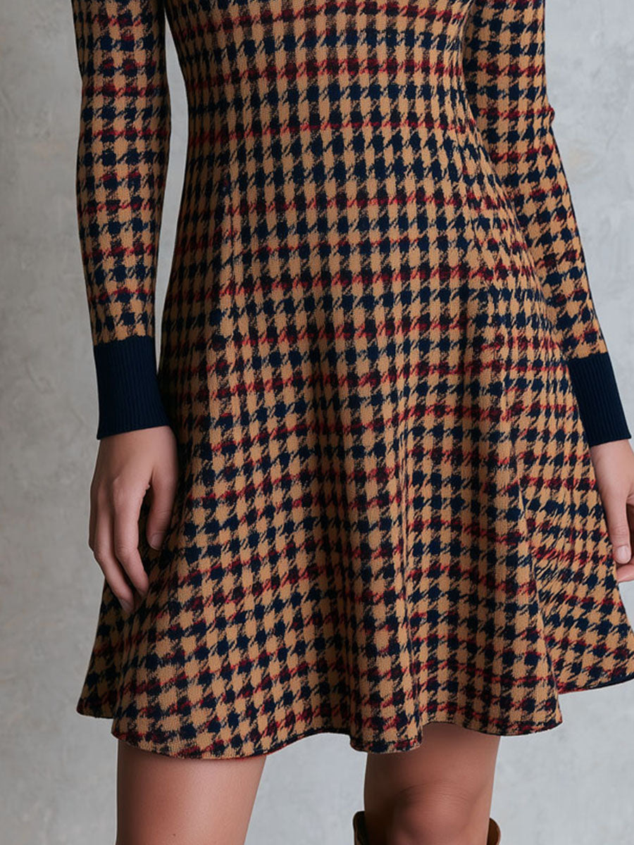 Abito mini marrone in maglia pied-de-poule con colletto blu navy – dettaglio 2