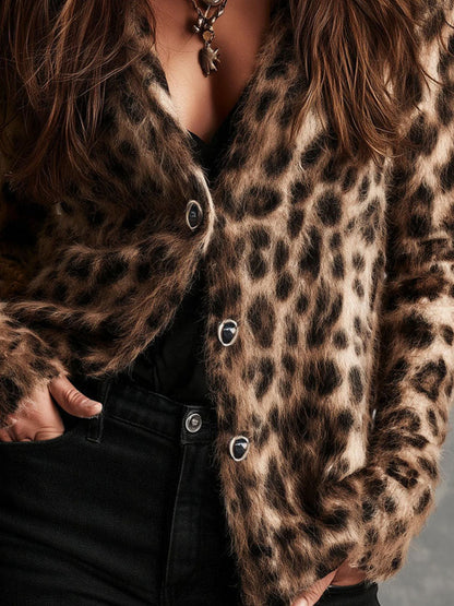 Cardigan leopardato marrone effetto mohair in stile western retrò – dettaglio 1