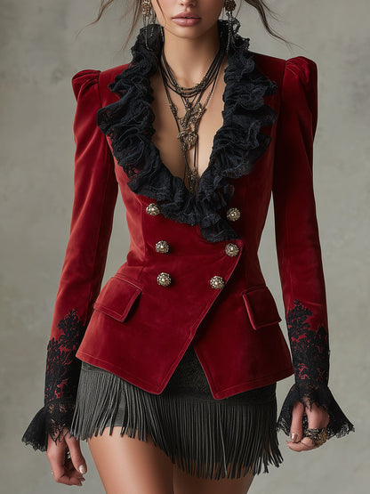 Blazer bohémien con volant rosso e nero – vista frontale
