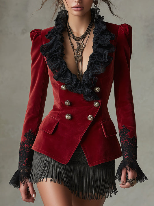 Blazer bohémien con volant rosso e nero – vista frontale