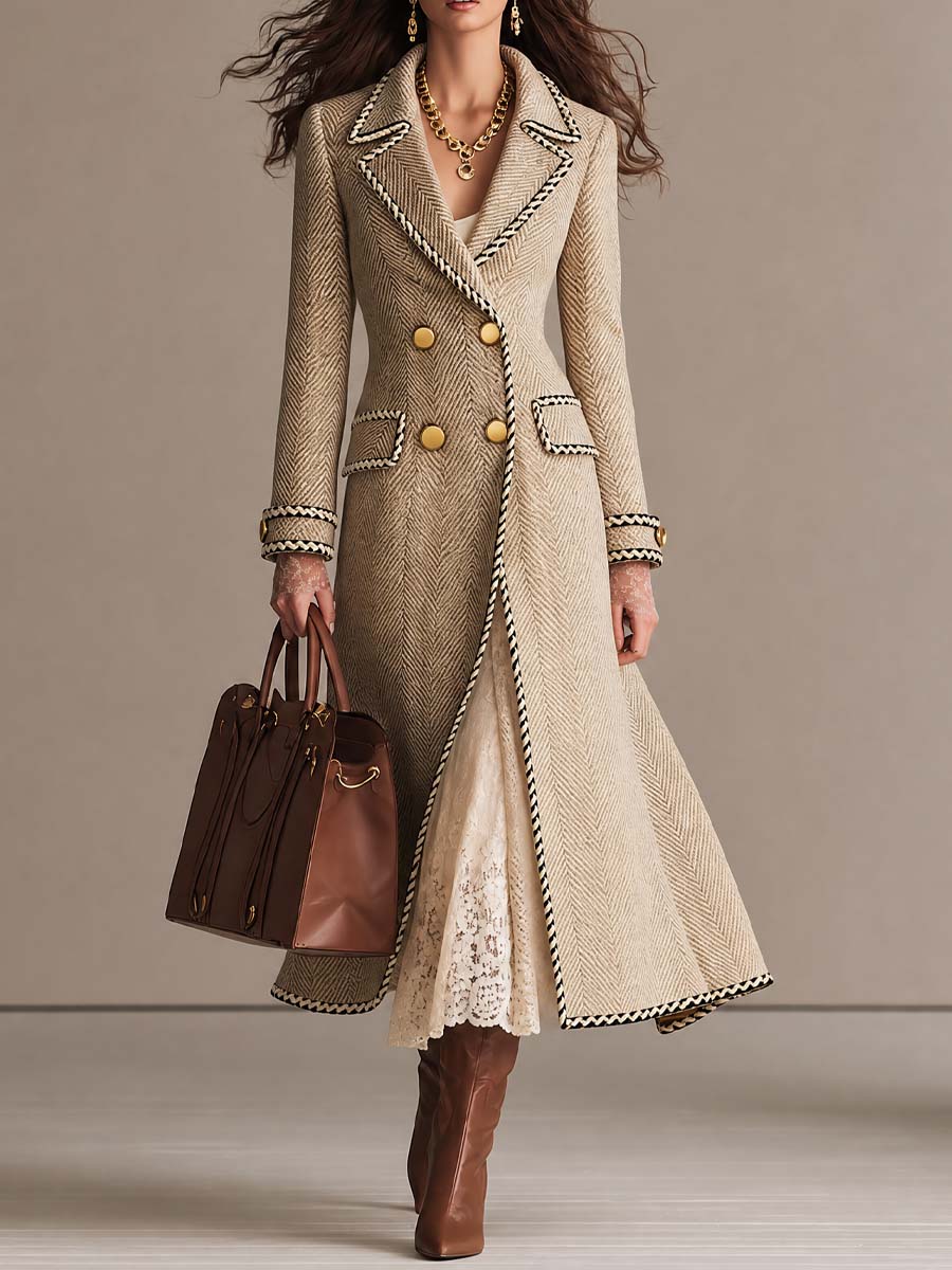 Cappotto lungo in lana spigata color kaki – vista frontale