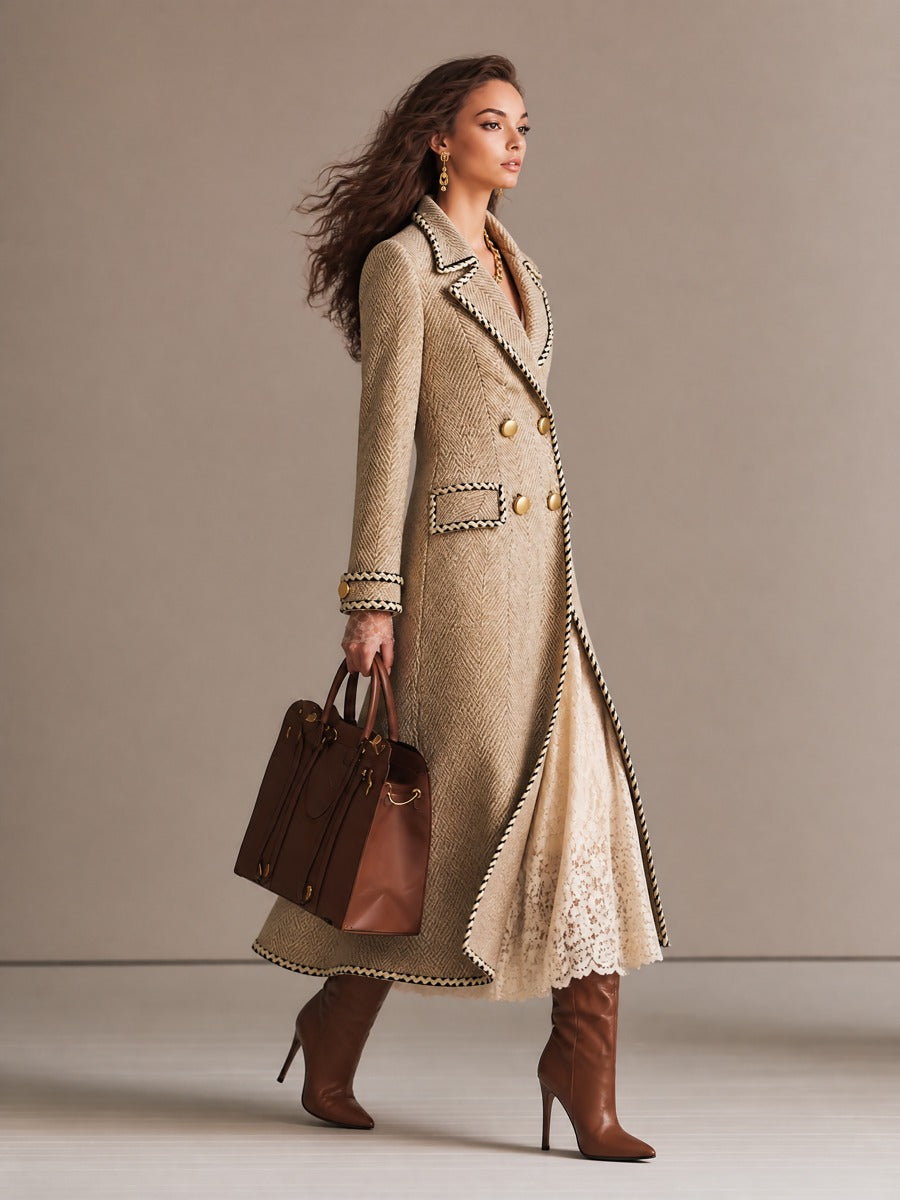 Cappotto lungo in lana spigata color kaki – dettaglio 4