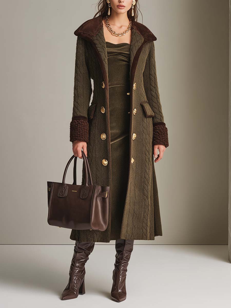 Cappotto lungo doppiopetto in maglia a trecce verde oliva – vista frontale