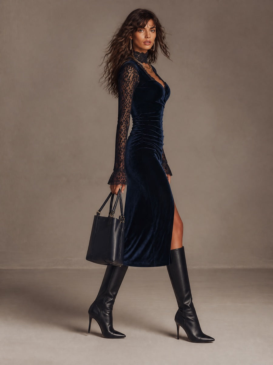 Vestito midi blu navy in velluto e pizzo – dettaglio del pizzo