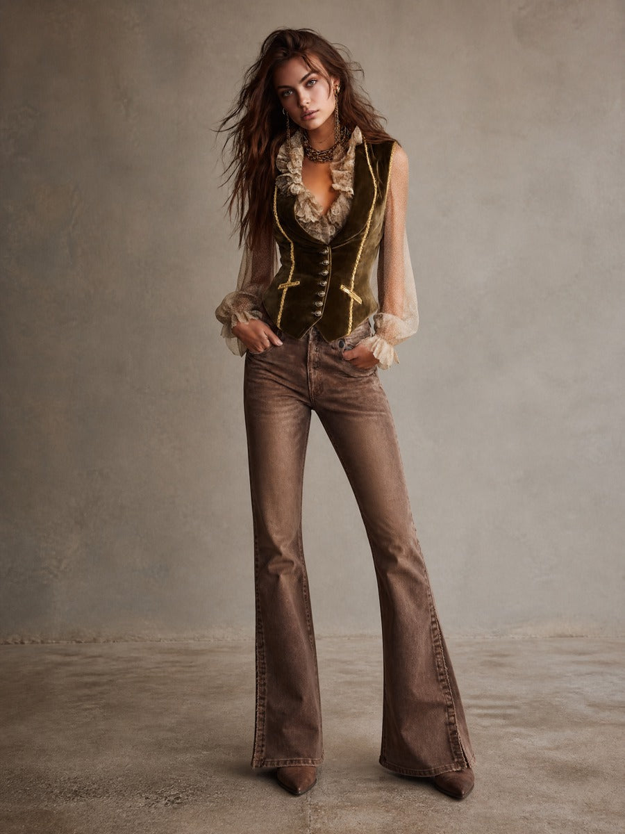Gilet vintage in velluto verde oliva – vista laterale